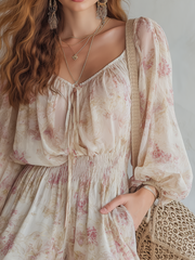 Long Sleeve Smocked Printed Romper with Ruffle Details