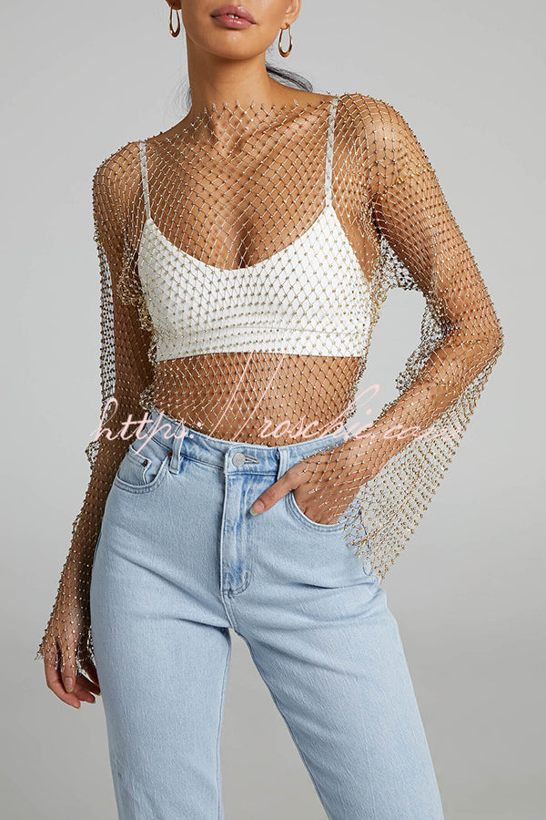 Diamond Mesh Bell Sleeve Top with Boat Neck