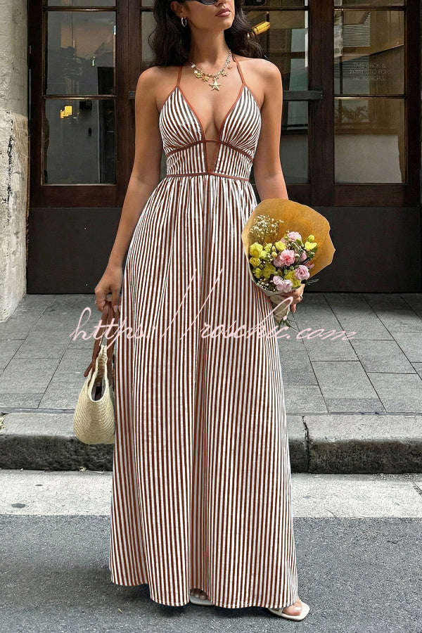 Striped V-Neck Sleeveless Backless Maxi Dress – Vacation