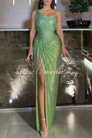 Sequin One-Shoulder Pleated Maxi Dress with Thigh Slit