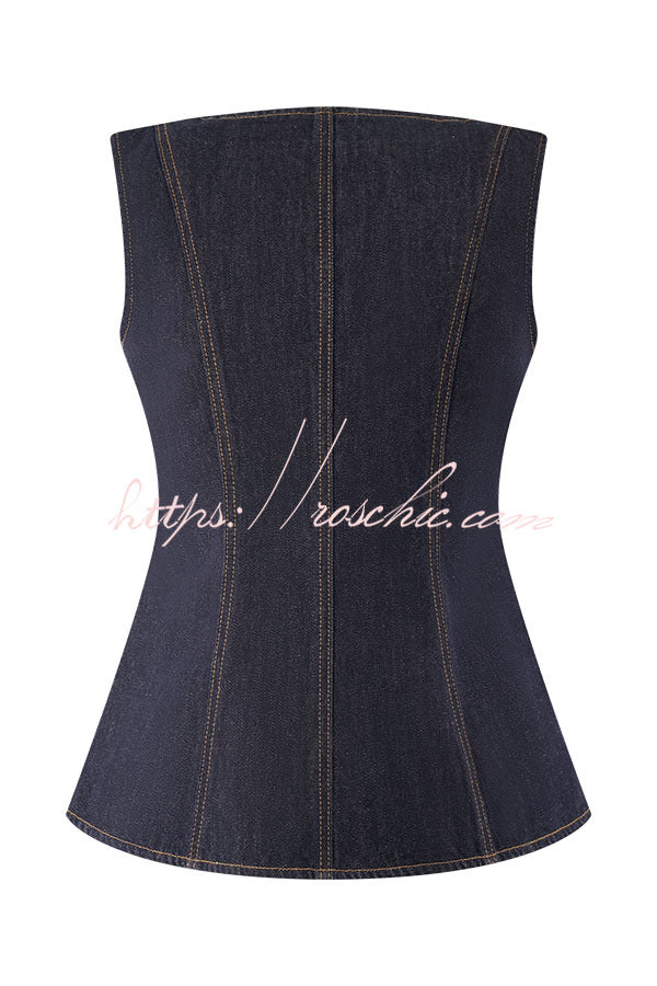 Denim Square Neck Sleeveless Button-Up Vest Top