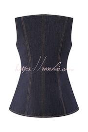 Denim Square Neck Sleeveless Button-Up Vest Top