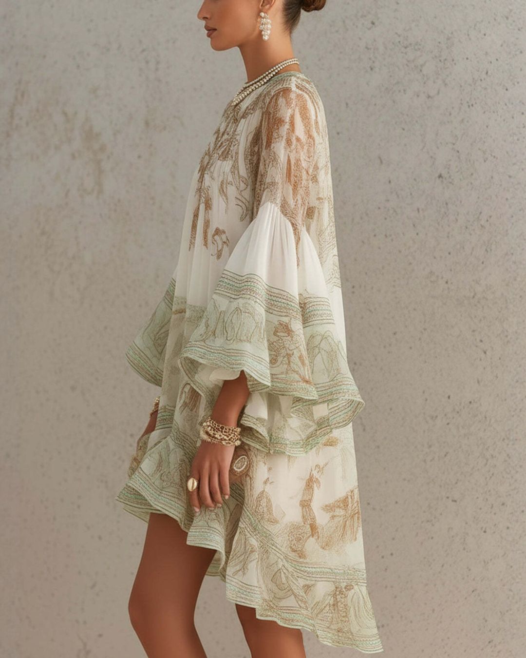 Bell Sleeve Print Ruffle Mini Dress