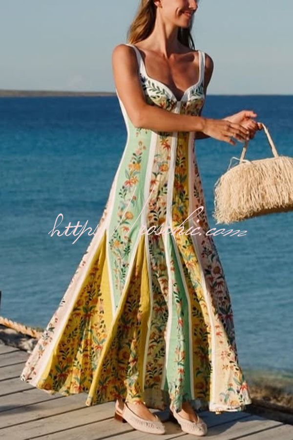 Linen Blend Color Block Floral Maxi Dress – Sweetheart Neck