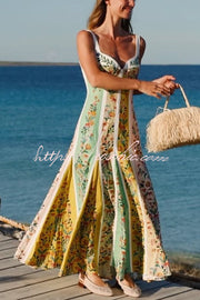 Linen Blend Color Block Floral Maxi Dress – Sweetheart Neck