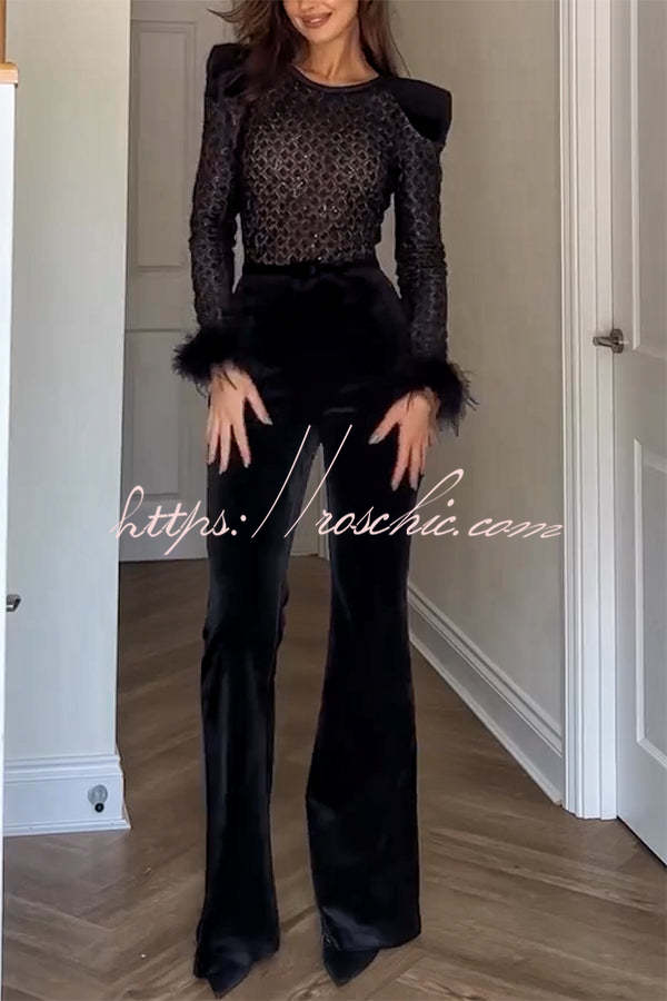Lace Sequin Velvet Patchwork Flare Jumpsuit with Feather Trim