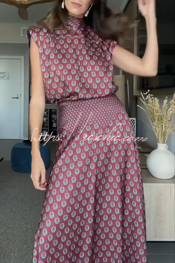 Satin High Neck Short Sleeve Top and High Rise Maxi Skirt Set