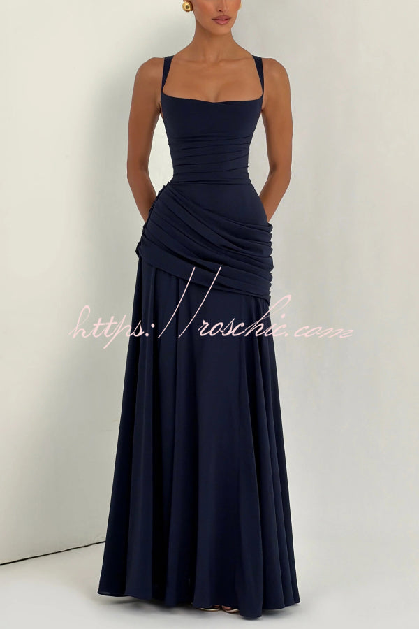 Spaghetti Strap Square Neck Pleated Maxi Dress – Slim Fit