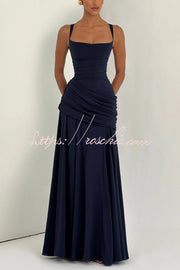 Spaghetti Strap Square Neck Pleated Maxi Dress – Slim Fit