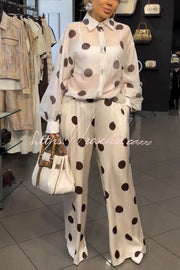 Polka Dot Sheer Balloon Sleeve Shirt & Wide Leg Pants Set