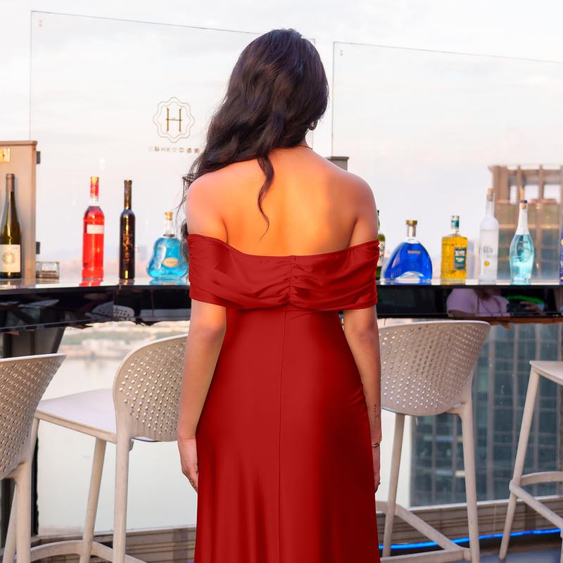 Off Shoulder Bodycon Maxi Dress with High Slit for Wedding