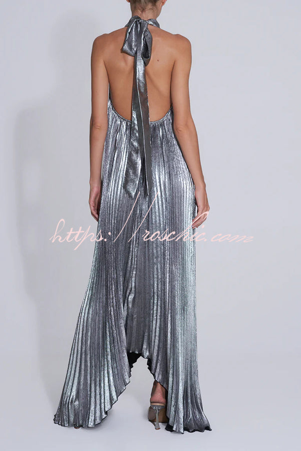 Metallic Pleated Halter Maxi Dress – Deep V-Neck