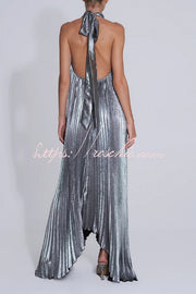 Metallic Pleated Halter Maxi Dress – Deep V-Neck
