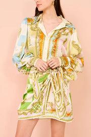 Satin Printed Tie-Up Wrap Mini Dress with Balloon Sleeves