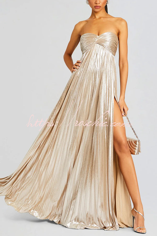 Metallic Pleated Off-Shoulder High Slit Maxi Dress