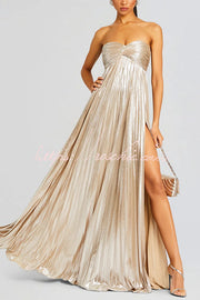 Metallic Pleated Off-Shoulder High Slit Maxi Dress