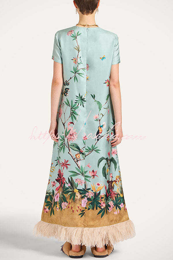 Satin Floral Print Maxi Dress with Feather Trim & Pocket