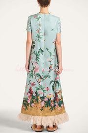 Satin Floral Print Maxi Dress with Feather Trim & Pocket