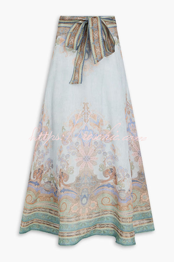 Linen Blend Paisley Maxi Skirt High Rise Tie Waist Vacation