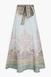 Linen Blend Paisley Maxi Skirt High Rise Tie Waist Vacation