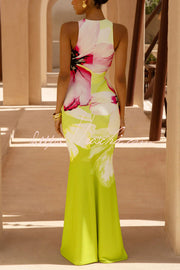 Robe longue queue de poisson sans manches à imprimé floral | Coupe ajustée