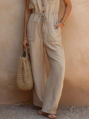 Beige Utility Sleeveless Jumpsuit With Tie Waist