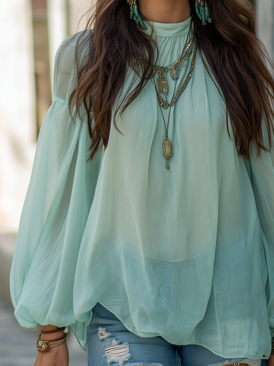 Sage Green Chiffon Long Sleeve Blouse – Relaxed Boho Fit
