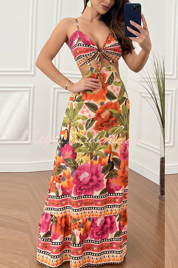 Tropical Print Maxi Dress - Lace-Up V Neck Vacation Dress