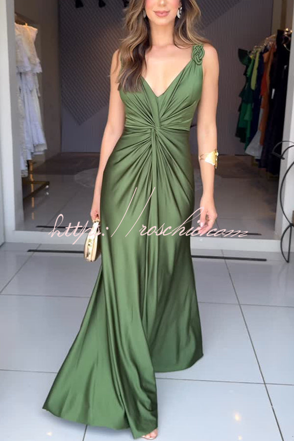 Satin Knot-Strap Sleeveless Maxi Dress with Side Slit