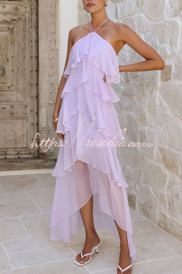 Chiffon Halter Neck Ruffle Maxi Dress – Loose Fit