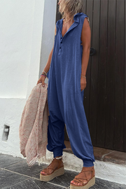 Sleeveless Hooded Cotton Blend Jumpsuit with Pockets