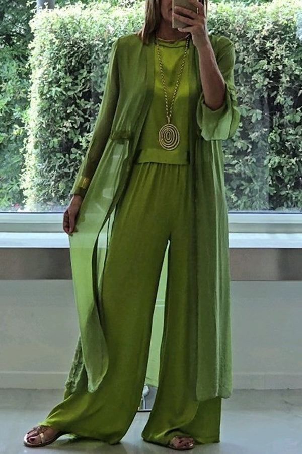 Women's 3-Piece Cardigan, Top & Wide Leg Pants Set