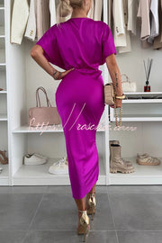 Satin V-Neck Cross Knot Slim Maxi Dress