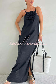 Linen Blend Floral Embellishment Maxi Dress with Pockets