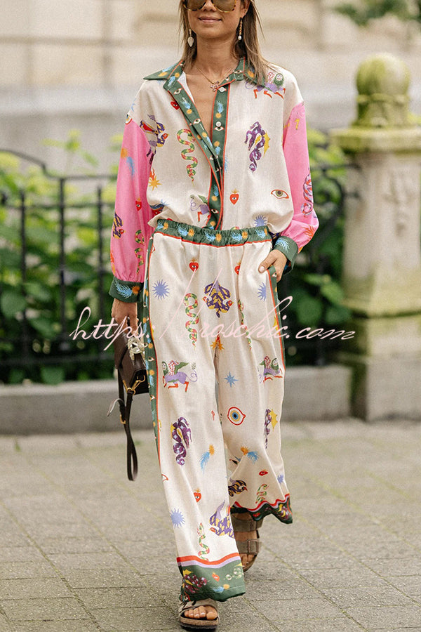 Linen Blend Printed Loose Blouse and Pants Set with Pockets