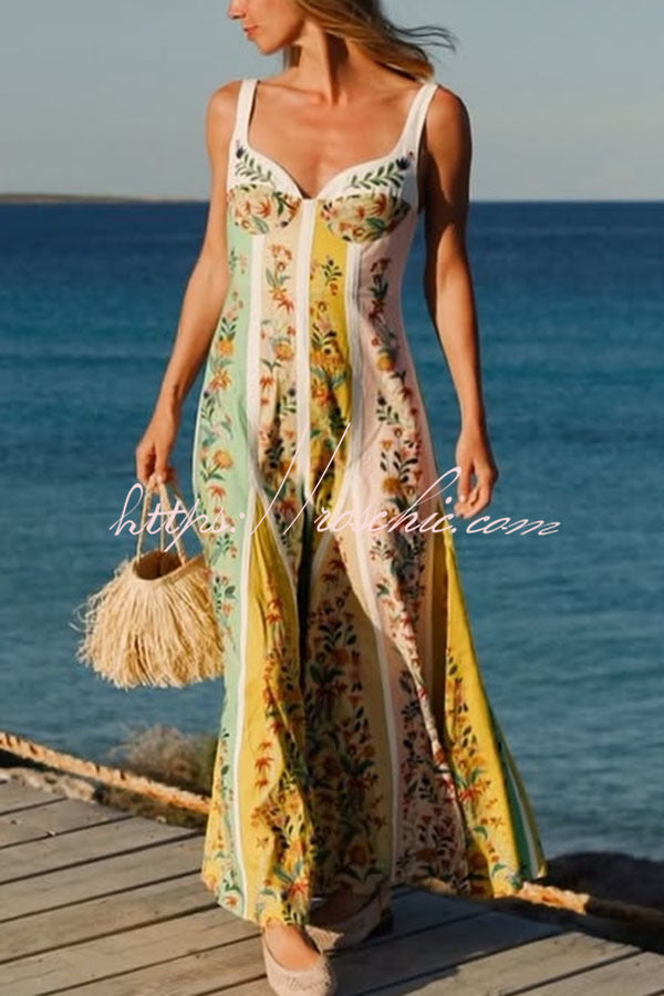 Linen Blend Color Block Floral Maxi Dress – Sweetheart Neck