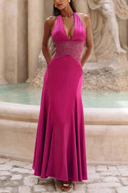 Satin Lace Halter Maxi Dress with Open Lace-Up Back