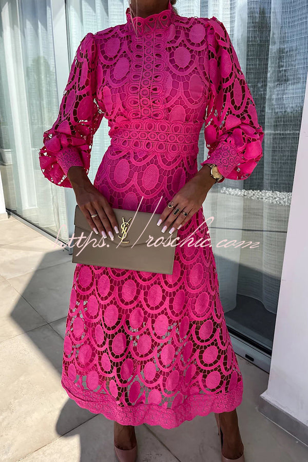 Crochet Lace Lantern Sleeve Midi Dress for Parties