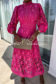 Crochet Lace Lantern Sleeve Midi Dress for Parties