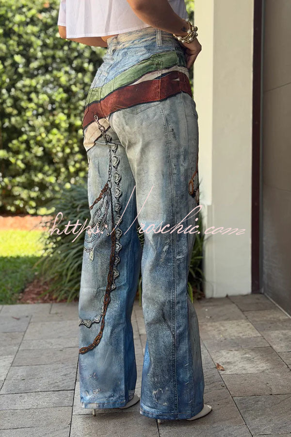 Graffiti Print High Rise Straight Leg Jeans – Loose Fit