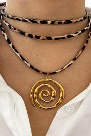Leopard Print Leather Cord Spiral Stainless Steel Necklace