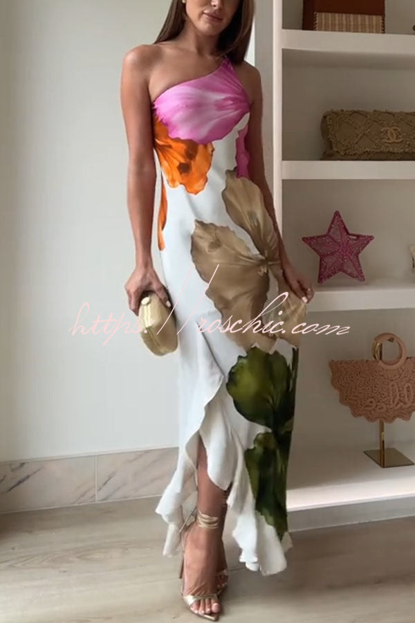 Floral Print One Shoulder Maxi Slip Dress with Side Ruffles