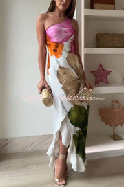 Floral Print One Shoulder Maxi Slip Dress with Side Ruffles