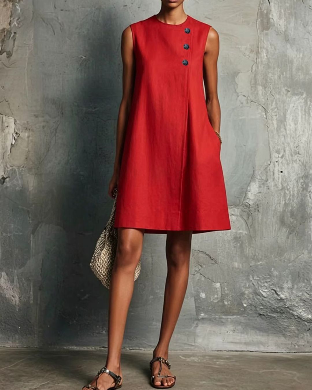 Linen Round Neck Buttons Mini Dress