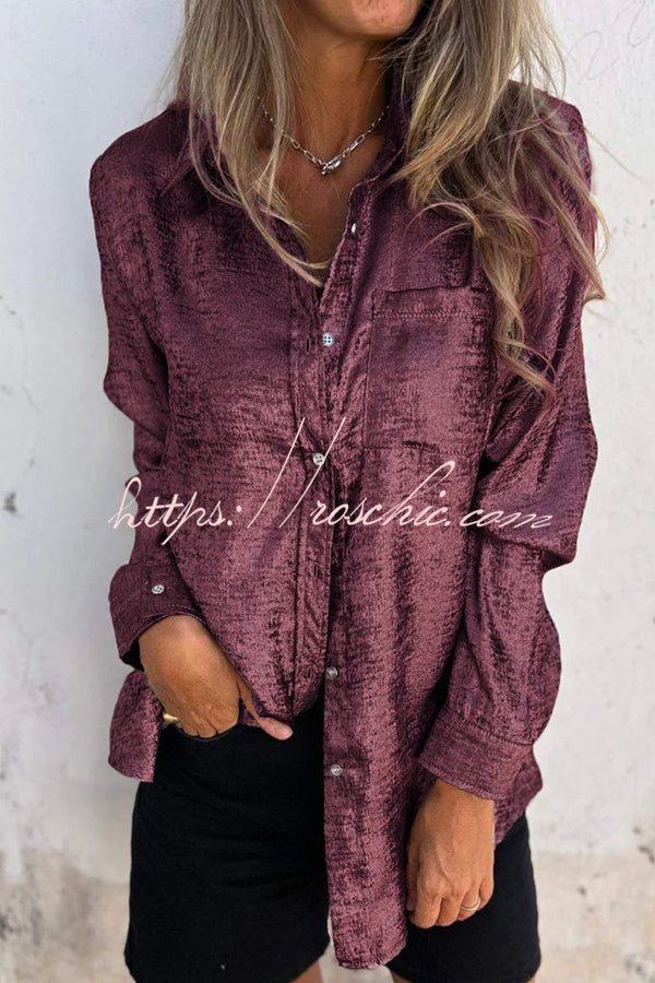 Metallic Fabric Button-Up Blouse – Long Sleeve Loose Fit