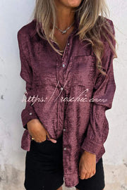 Metallic Fabric Button-Up Blouse – Long Sleeve Loose Fit