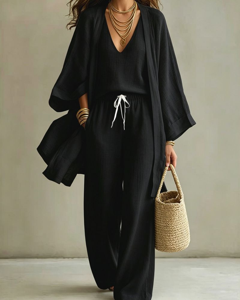 Sleeveless V-Neck Wide-Leg Three-Piece Set