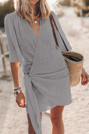 Cotton Linen Blend Knotted Wrap Mini Dress