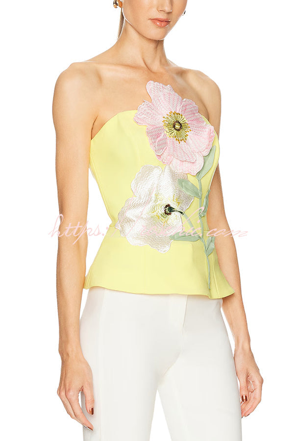 Floral Appliqué Off Shoulder Tank Top – Waist Length