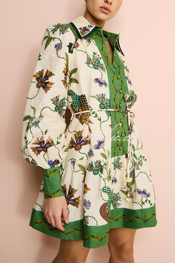 Printed Balloon Sleeve Mini Dress – Loose Fit Casual